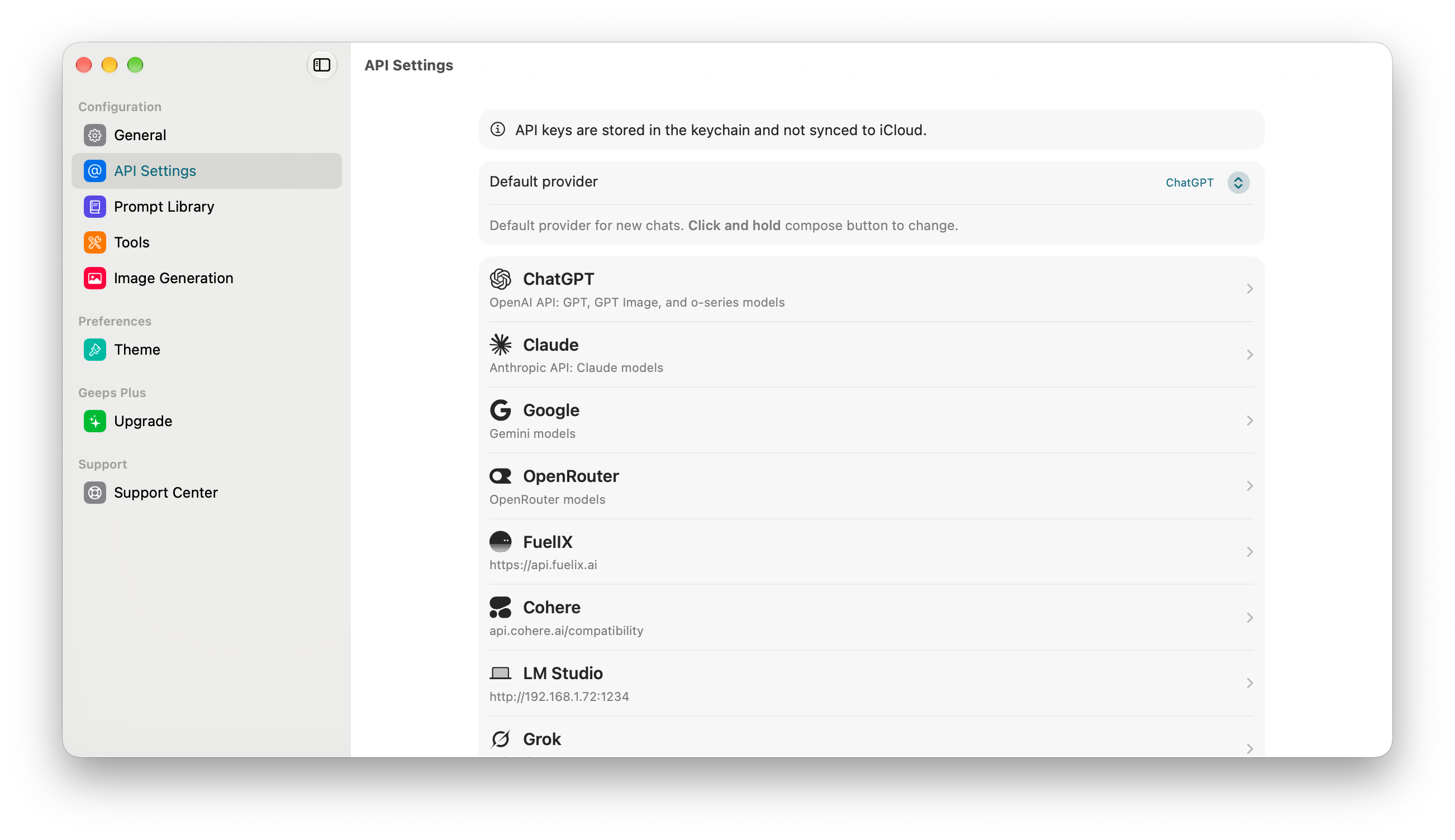 Provider settings in Geeps