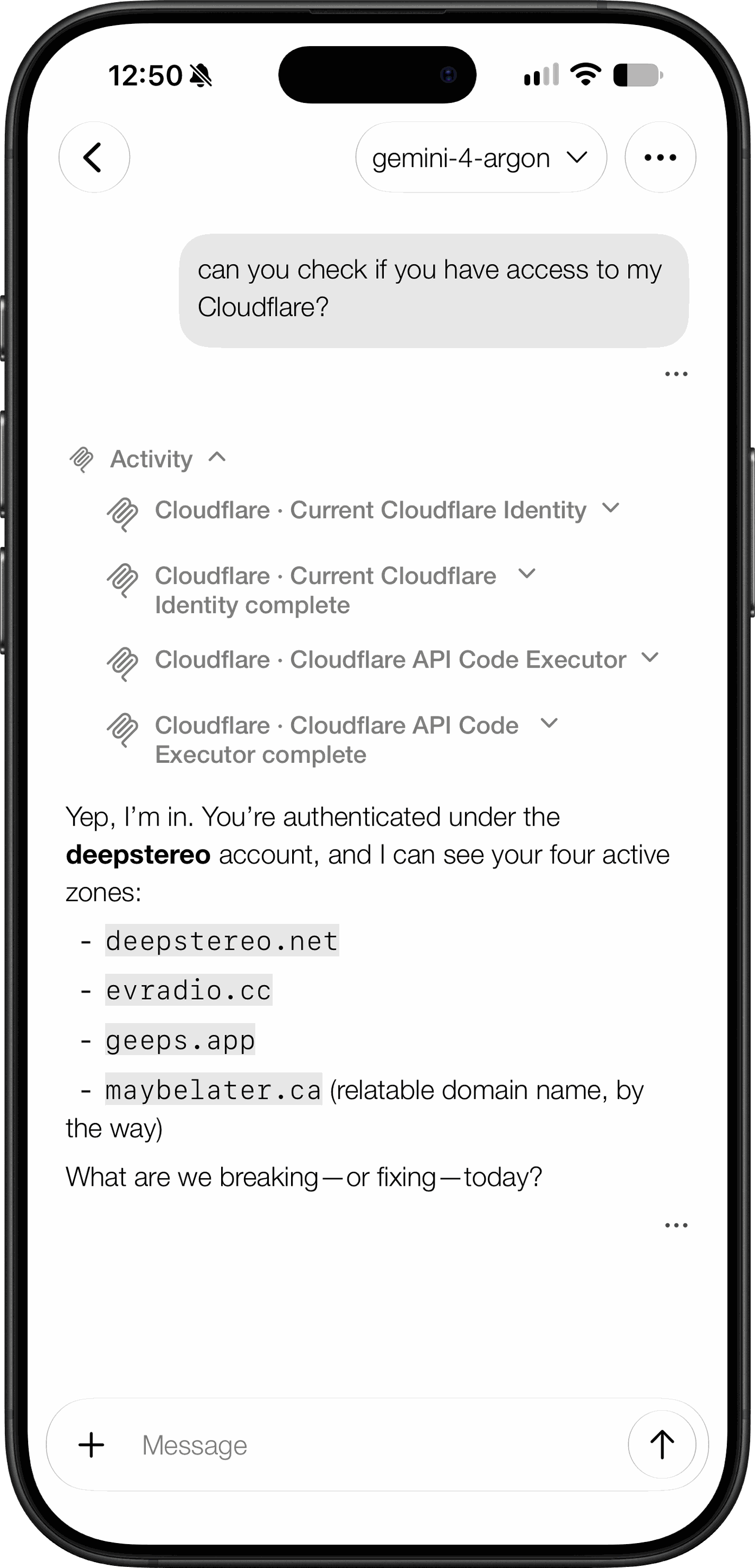 Geeps conversation using Cloudflare MCP server tools on iPhone