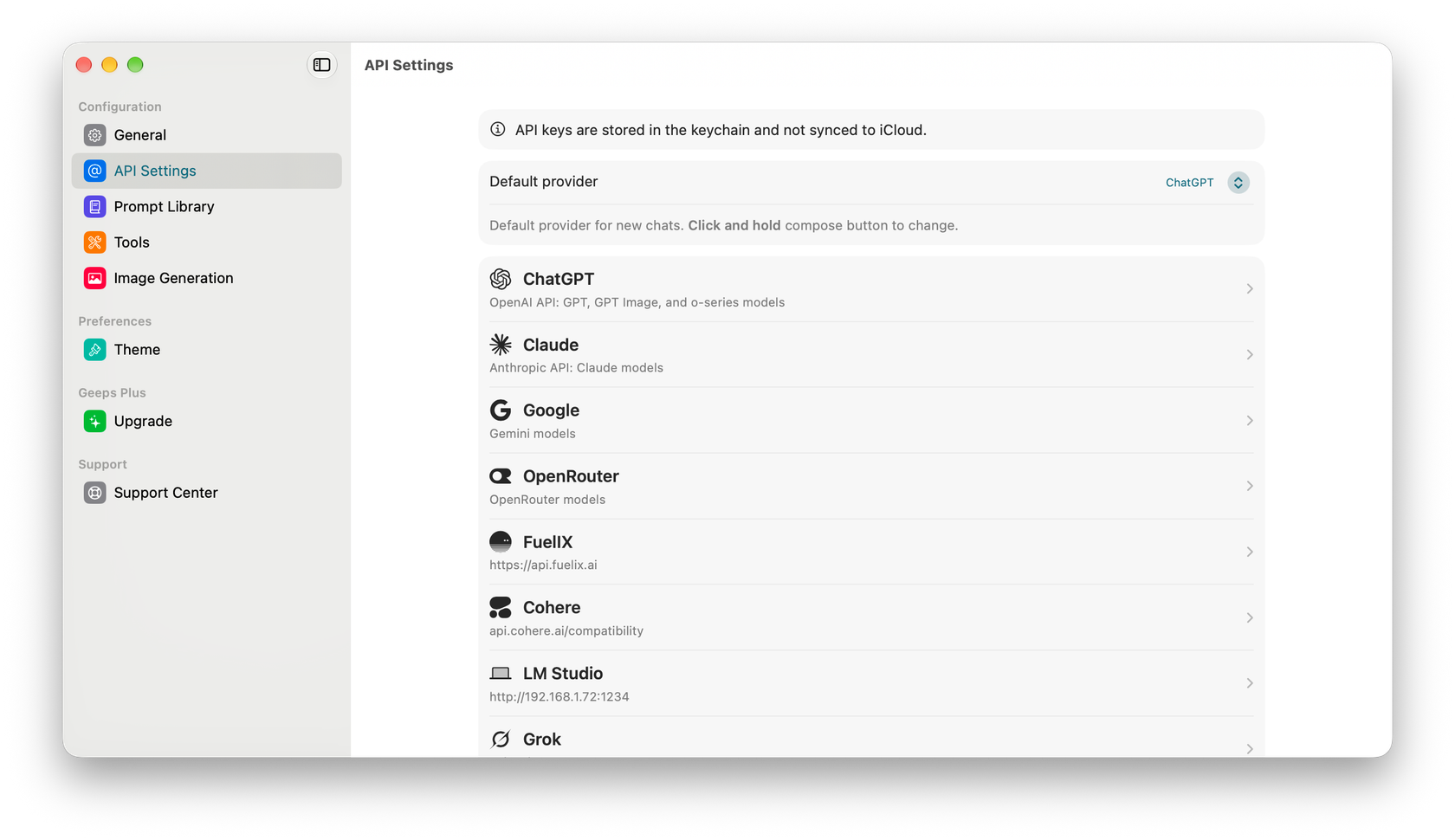 Provider settings in Geeps
