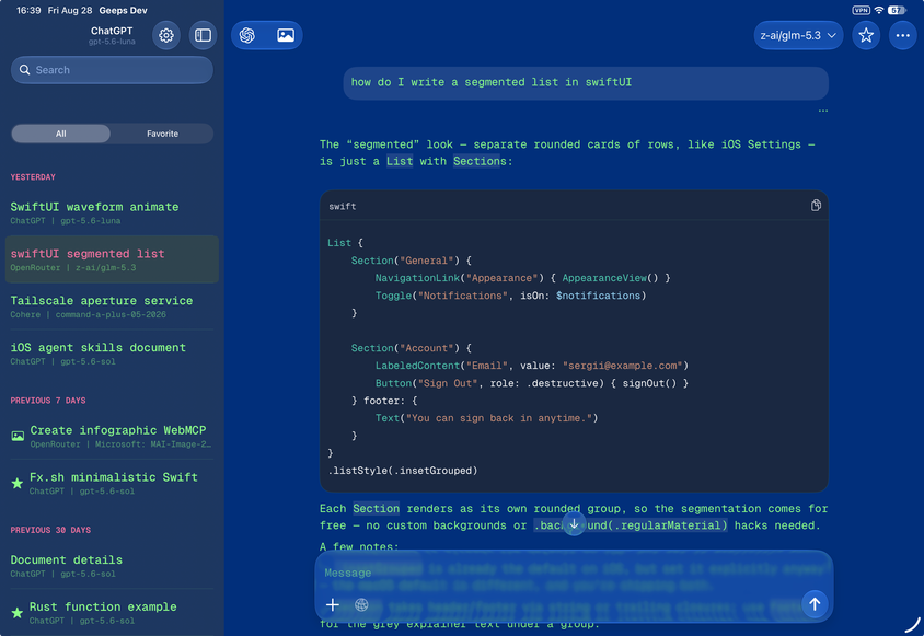 Geeps with a custom blue theme on iPad